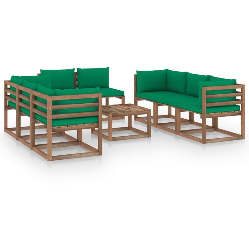 

Juego de muebles de jardín 9 piezas con cojines verde