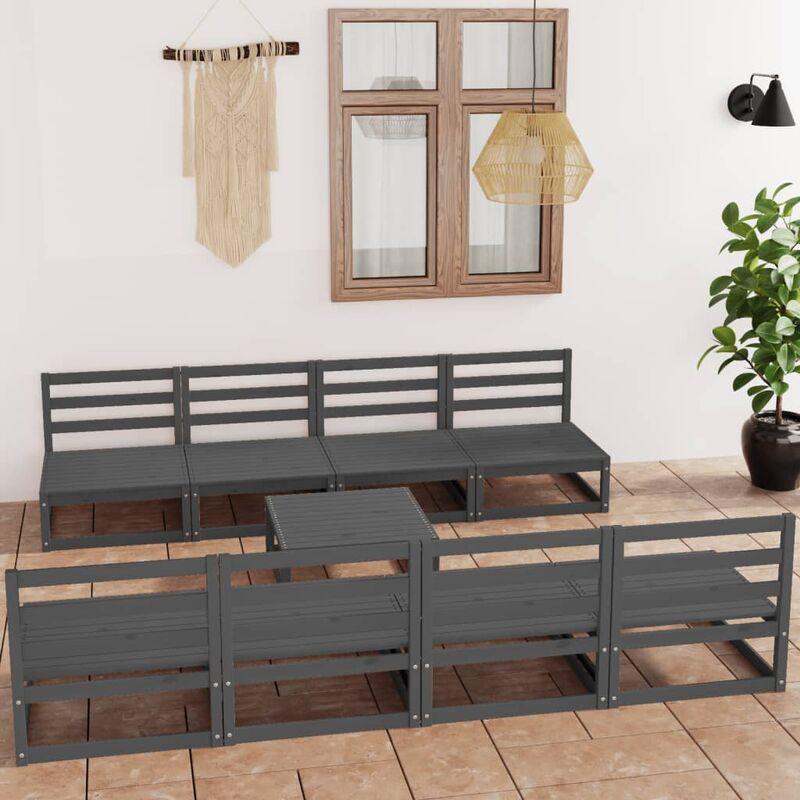 

Juego de muebles de jardín 9 piezas gris madera maciza de pino