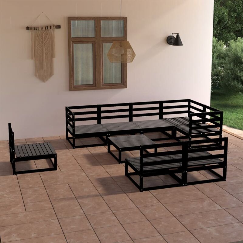

Juego de muebles de jardín 9 piezas negro madera maciza de pino