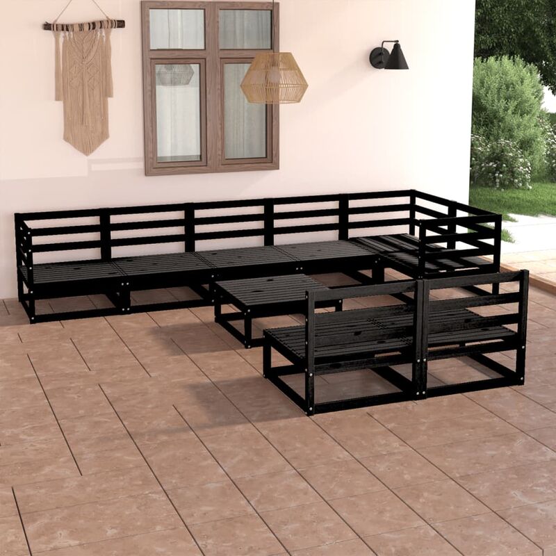 

Juego de muebles de jardín 9 piezas negro madera maciza de pino