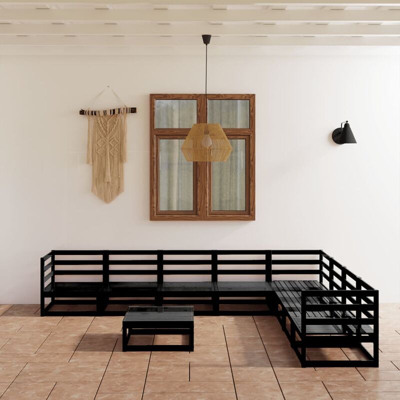 

Juego de muebles de jardín 9 piezas negro madera maciza de pino