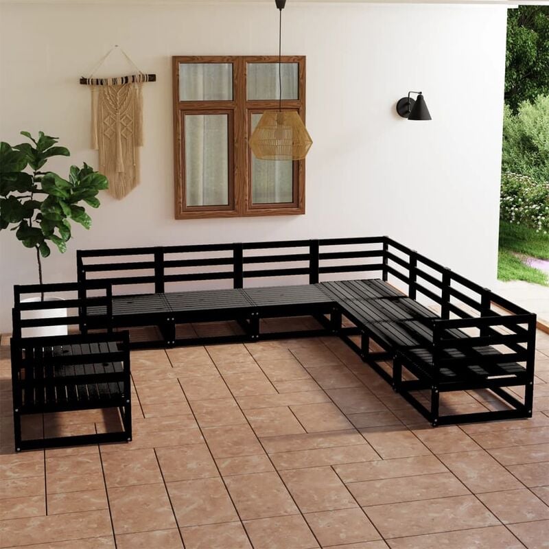 

Juego de muebles de jardín 9 piezas negro madera maciza de pino