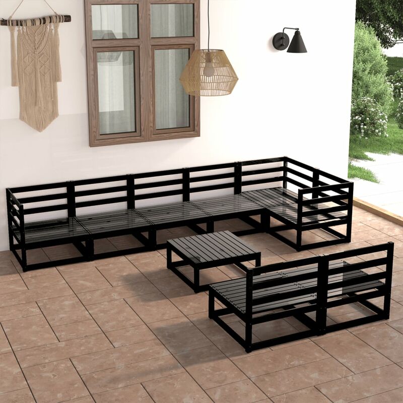 

Juego de muebles de jardín 9 piezas negro madera maciza de pino