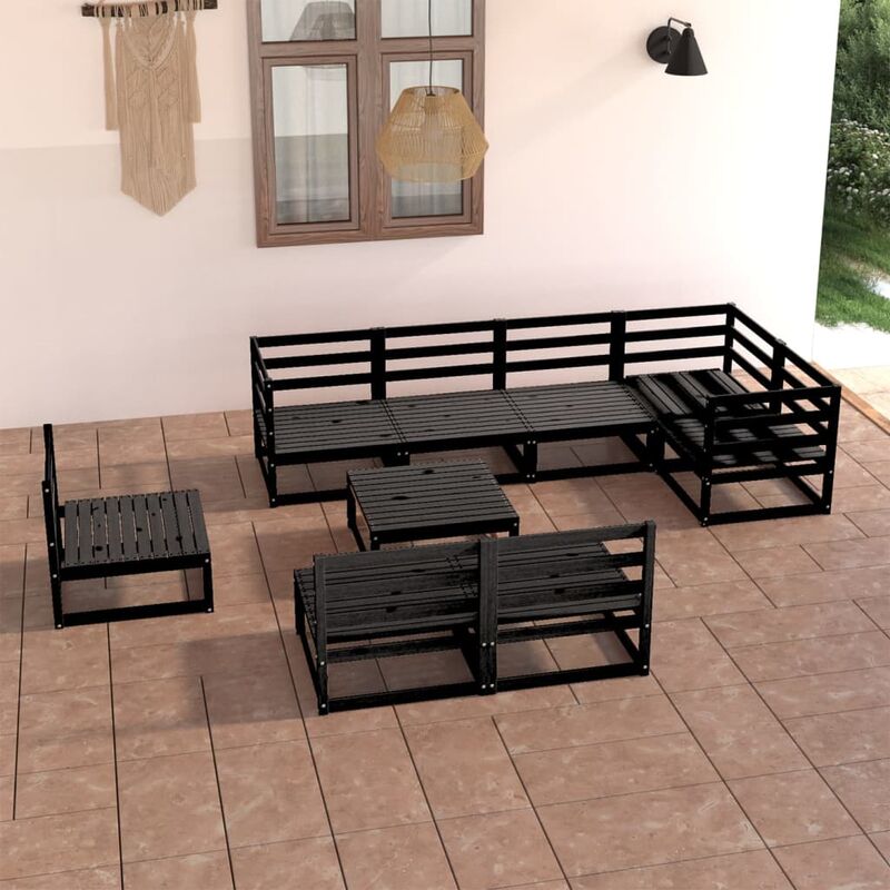

Juego de muebles de jardín 9 piezas negro madera maciza de pino