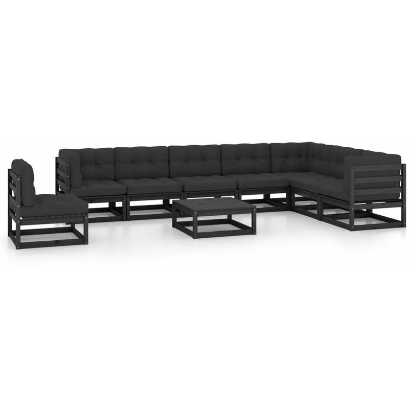 

Happyshopping - Juego de muebles de jardin 9 pzas y cojines negro madera pino