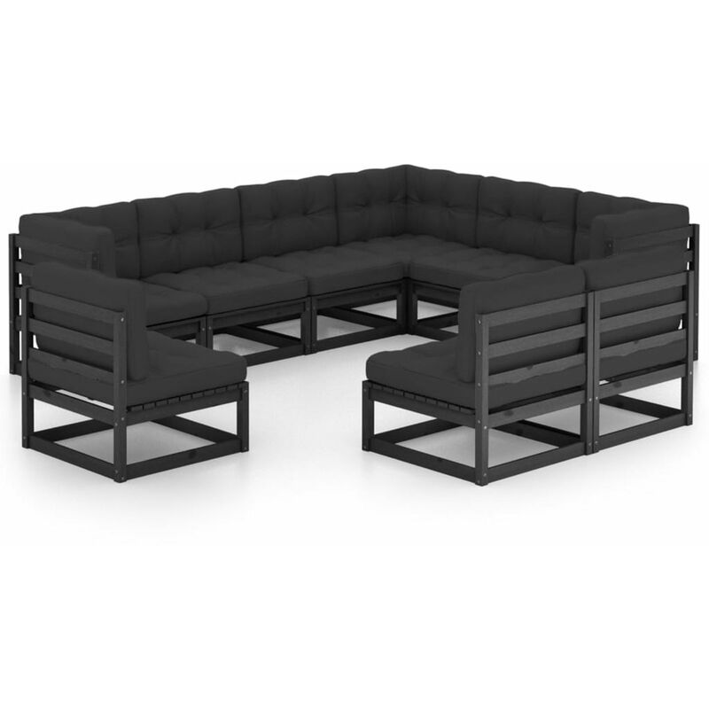 

Happyshopping - Juego de muebles de jardin 9 pzas y cojines negro madera pino
