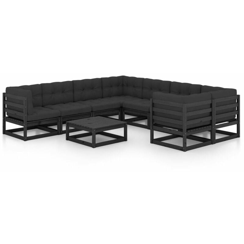 

Happyshopping - Juego de muebles de jardin 9 pzas y cojines negro madera pino