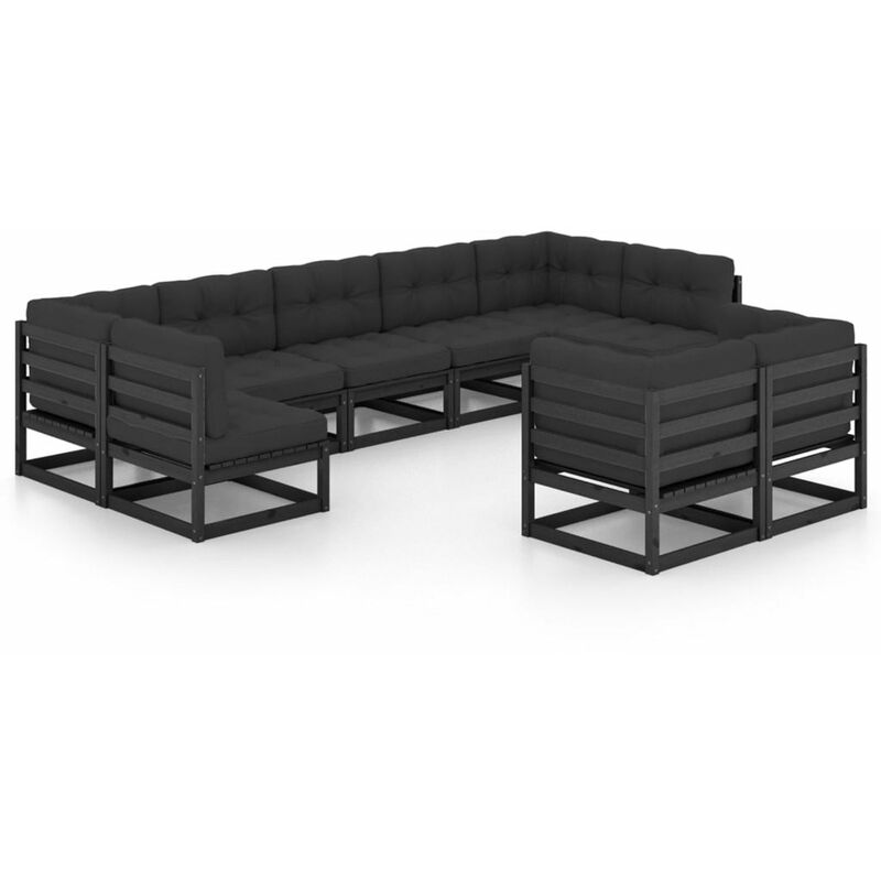 

Happyshopping - Juego de muebles de jardin 9 pzas y cojines negro madera pino