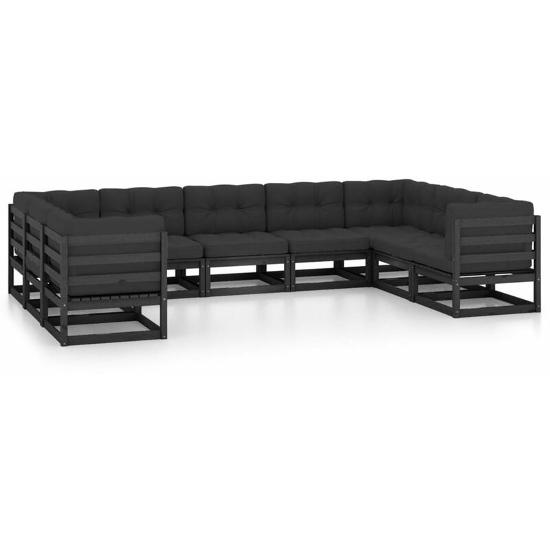 

Happyshopping - Juego de muebles de jardin 9 pzas y cojines negro madera pino