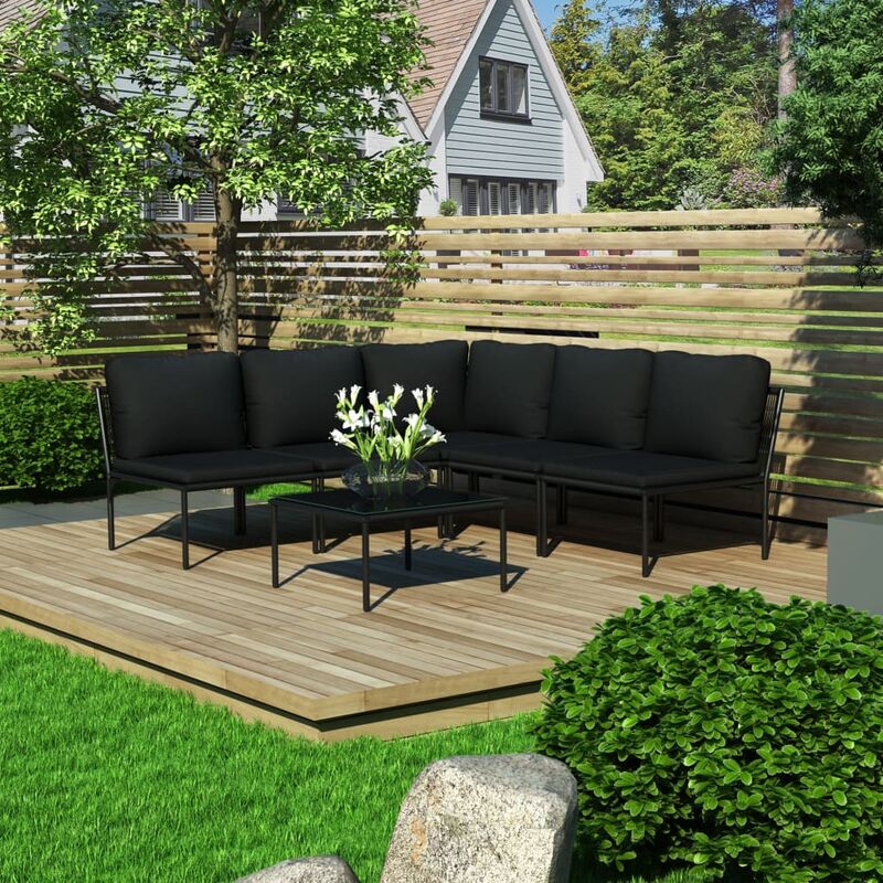 

Juego de muebles de jardín 6 piezas con cojines PVC negro - Negro
