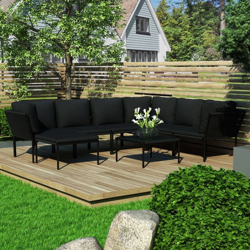

Juego de muebles de jardín 8 piezas con cojines PVC negro - Negro