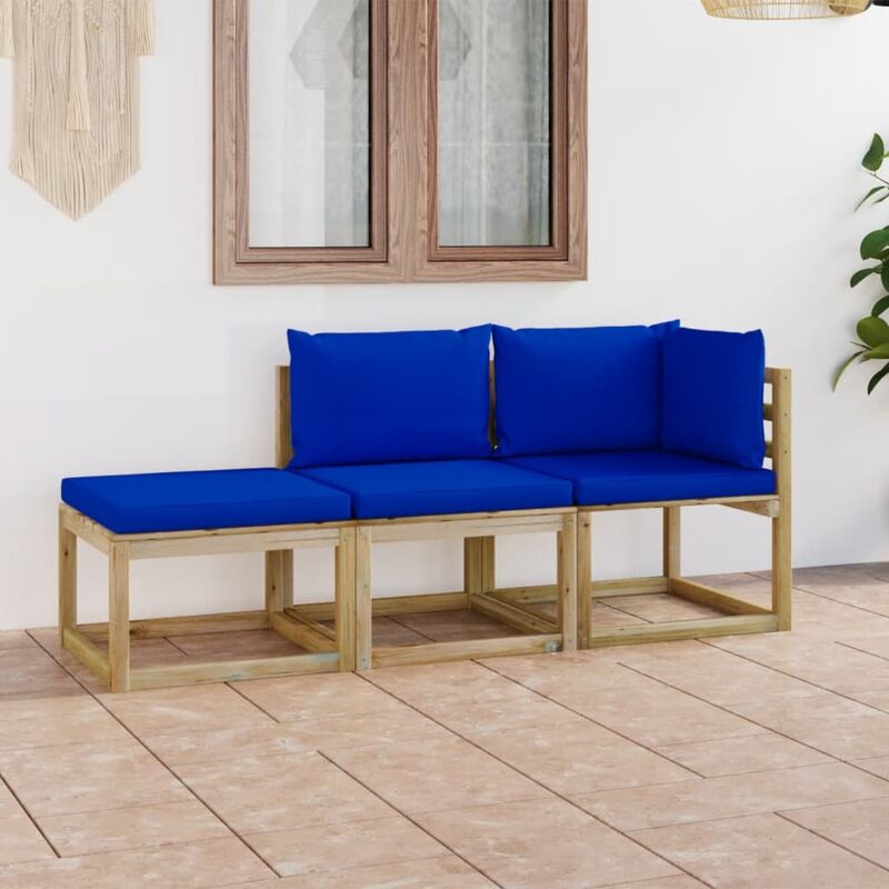 

Juego de muebles jardín 3 piezas con cojines azul