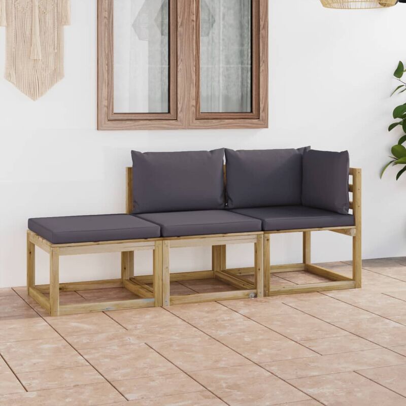 

Juego de muebles jardín 3 piezas con cojines gris antracita