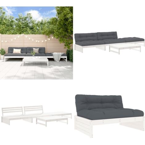 Juego de muebles jardín 4 piezas y cojines madera maciza blanco - Muebles de exterior - Sofás de jardín