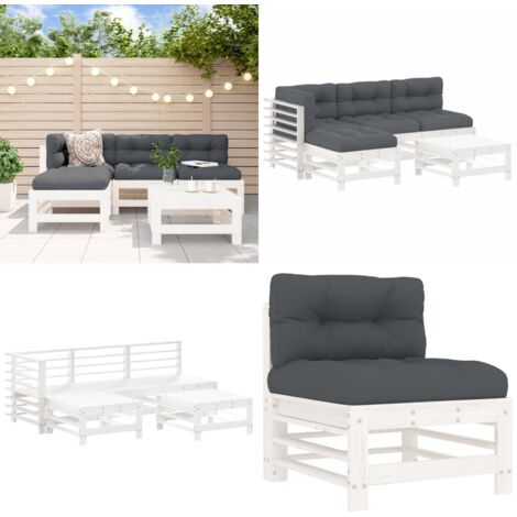 Juego de muebles jardín 5 piezas y cojines madera maciza blanco - Muebles de exterior - Sofás de jardín