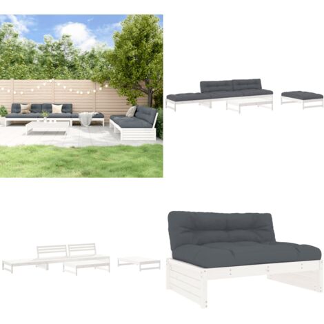 Juego de muebles jardín 6 piezas y cojines madera maciza blanco - Muebles de exterior - Sofás de jardín