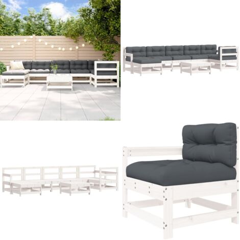 Juego de muebles jardín 8 pzas y cojines madera maciza blanco - Muebles de exterior - Sofás de jardín