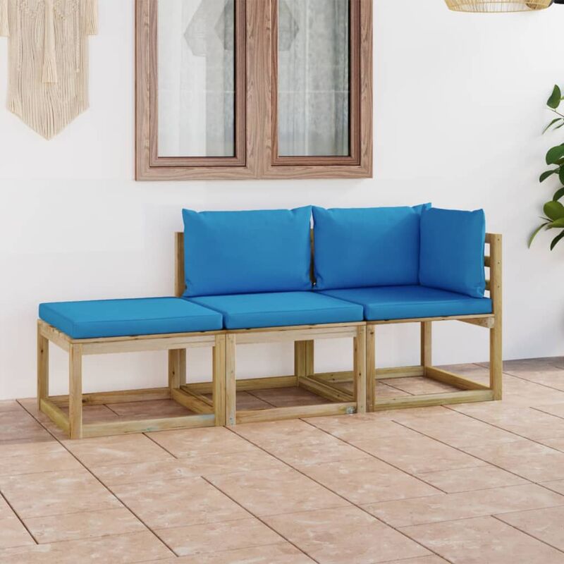 

Juego de muebles jardín de 3 piezas con cojines azul claro