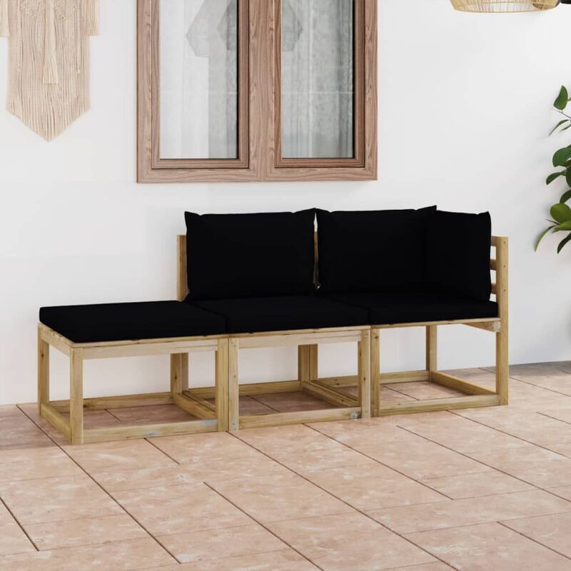 

Juego de muebles jardín de 3 piezas con cojines negro