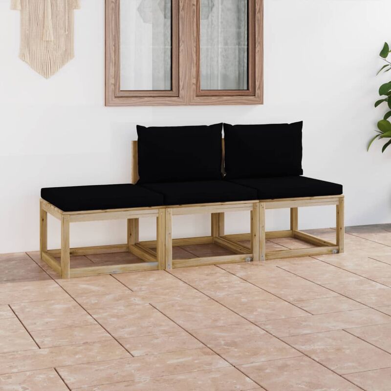 

Juego de muebles jardín de 3 piezas con cojines negro
