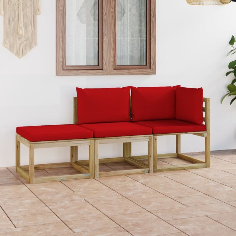 

Juego de muebles jardín de 3 piezas con cojines rojo