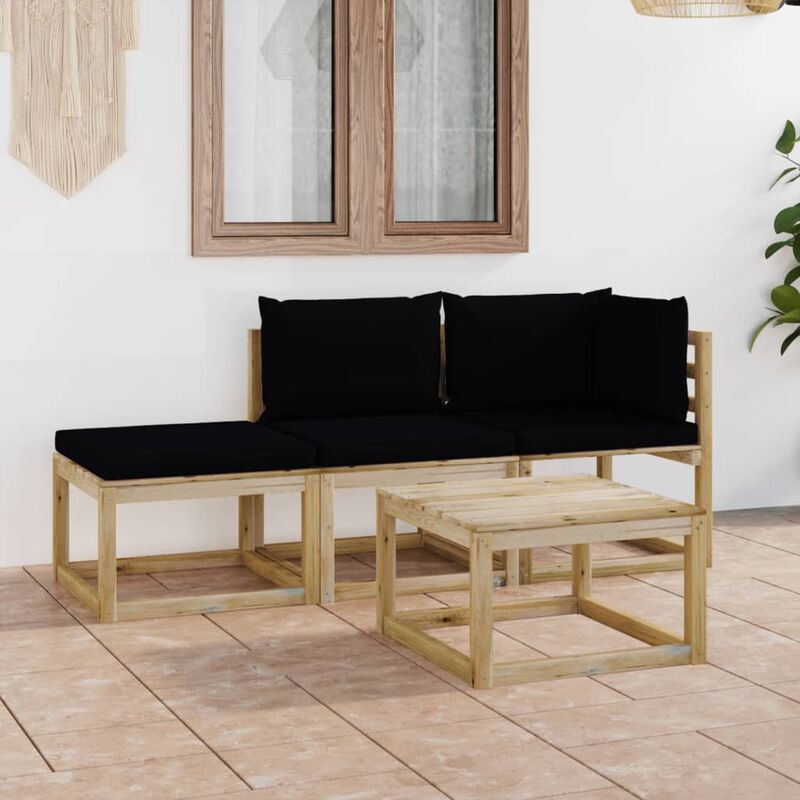 

Juego de muebles jardín de 4 piezas con cojines negro