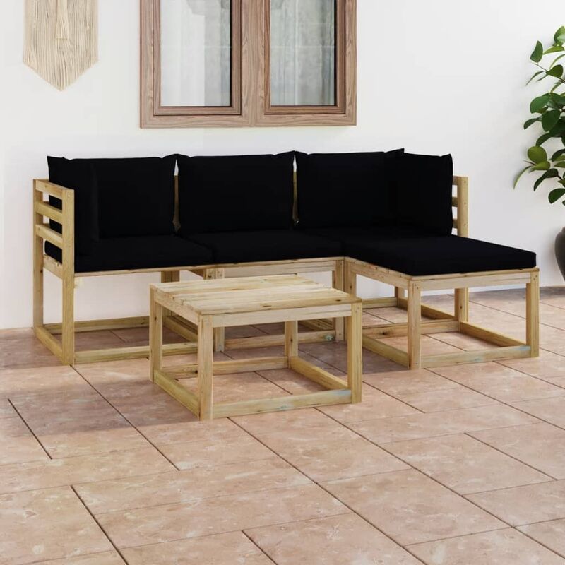 

Juego de muebles jardín de 5 piezas con cojines negro