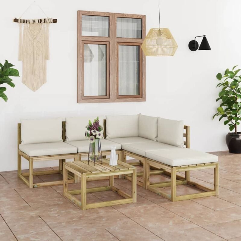 

Juego de muebles jardín de 6 piezas con cojines crema