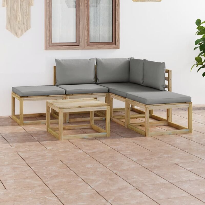 

Juego de muebles jardín de 6 piezas con cojines grises