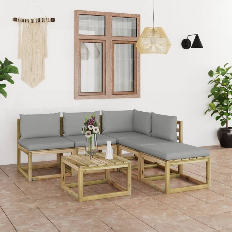 

Juego de muebles jardín de 6 piezas con cojines grises