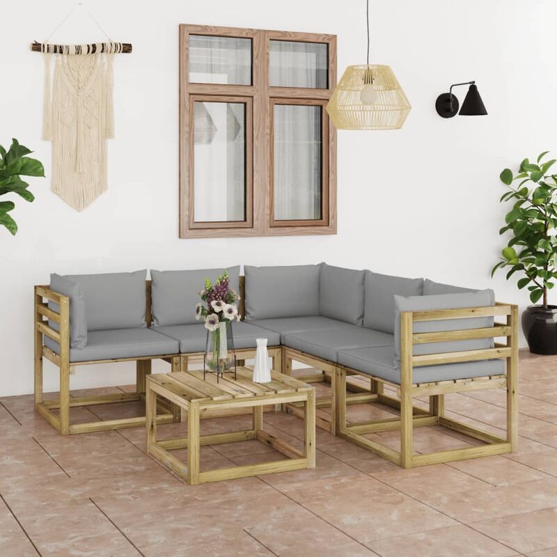 

Juego de muebles jardín de 6 piezas con cojines grises