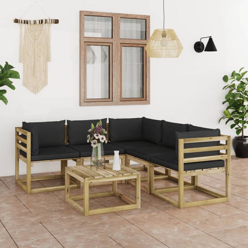 

Juego de muebles jardín de 6 piezas con cojines negro
