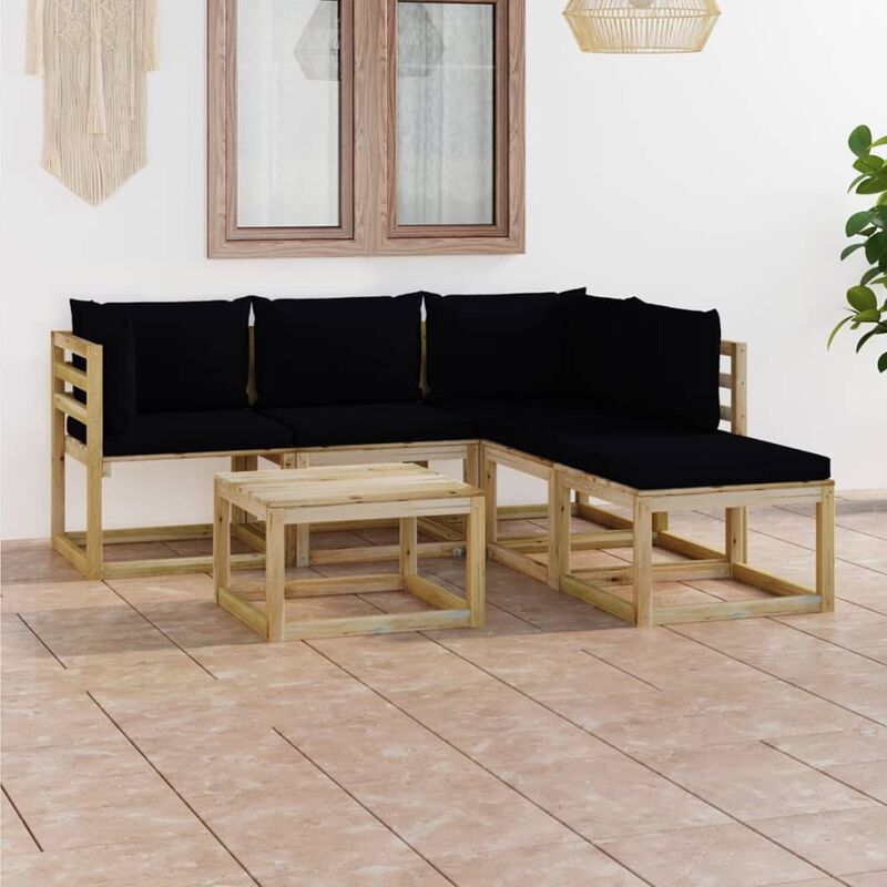 

Juego de muebles jardín de 6 piezas con cojines negro