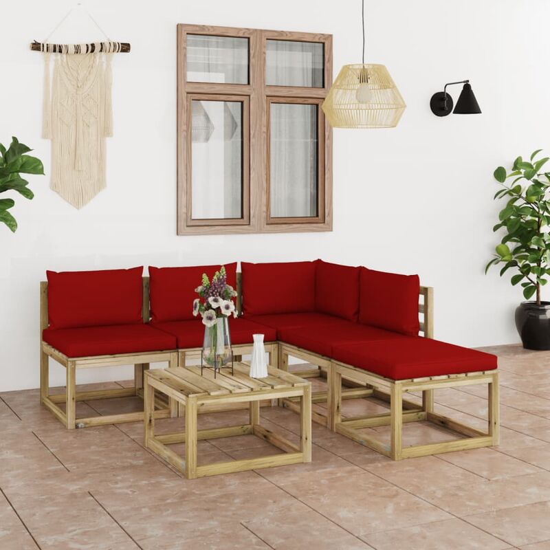 

Juego de muebles jardín de 6 piezas con cojines rojo vino tinto