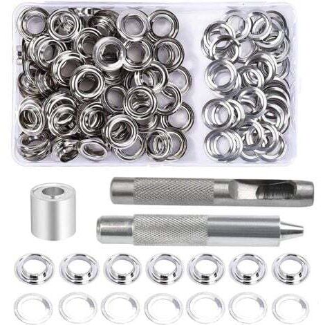 Juego de ojales, 100 piezas de 12 mm de diámetro, kit de reparación de lonas, con 3 herramientas para ojales, juego de ojales para lonas, telas, cortinas y manualidades.