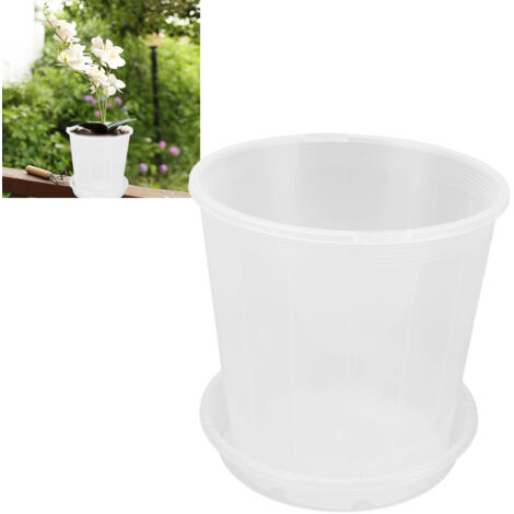 Juego de orquídeas NF180: 5 macetas con orificios de drenaje y platillos transparentes de plástico resistente para jardines de interior y exterior.