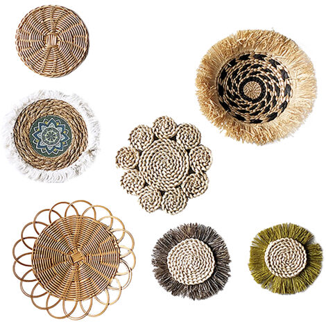 [JUEGO DE PANELES DE PARED BOHEMIOS] Decoración de pared estilo mimbre – Juego de 7 piezas – Decoración de pared tejida a mano con fibra vegetal natural para sala de estar y recibidor