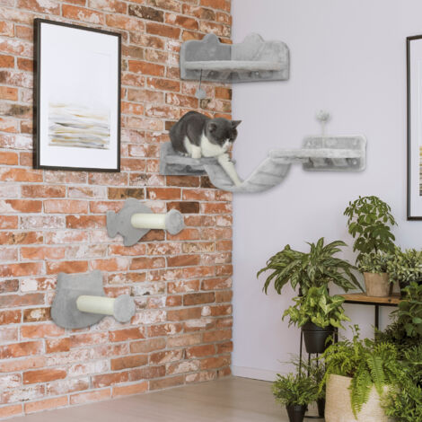 Juego de Pared de Escalada para Gatos con Postes de Sisal Plataforma Doble con Escalera y 1 Plataforma para Saltar Gris