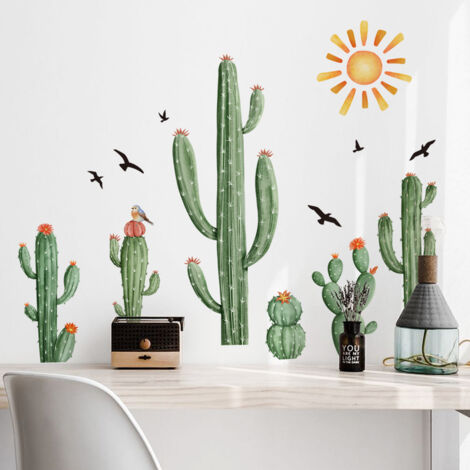 Juego de pegatinas de pared de cactus, sol y pájaros Pegatinas de pared