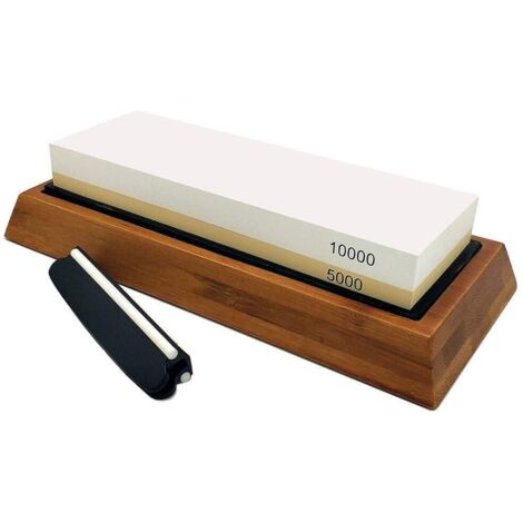 Juego de piedras de afilar, piedra de afilar de doble cara con grano 5000/10000, afilador de cocina profesional para cuchillos, tijeras y navajas de afeitar, base de bambú antideslizante y guía de áng