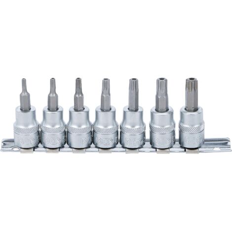 Juego de puntas de vaso  entrada 10 mm (3/8")  perfil en T (para Torx) con perforación T15 - T50  7 piezas