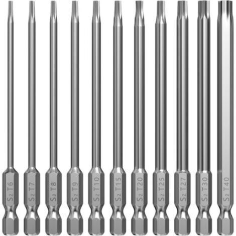Juego de puntas Torx magnéticas largas de 100 mm – 11 piezas (T6 a T40) – Vástago hexagonal de 1/4″ para destornilladores