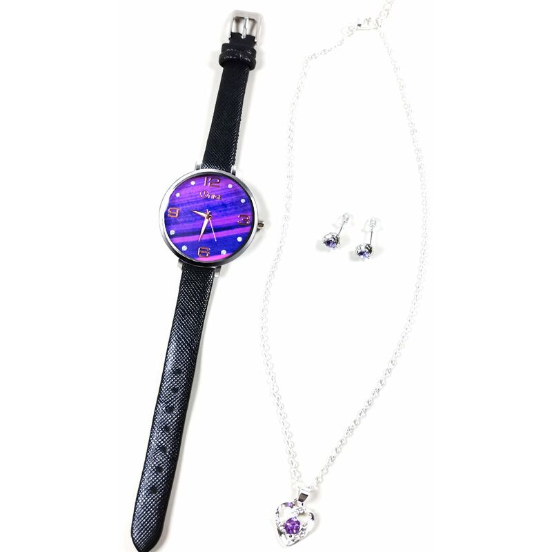 

Juego de regalo de 4 piezas para mujer, collar, pendientes, caja de reloj para mujer, juego de regalo de joyeria para mujeres y ninas,Morado y negro