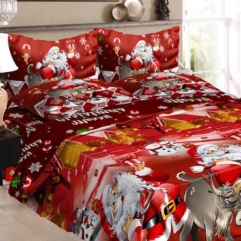 

Juego de ropa de cama de Papa Noel navideño Funda nordica impresa en 3D de poliester + 2 fundas de almohada + Juego de sabanas Decoraciones navideñas