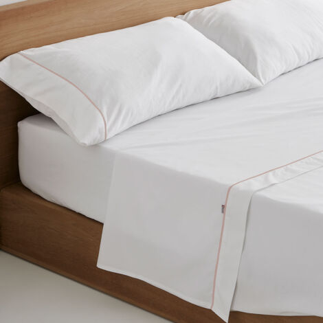 Juego de sábanas de algodón blanco-nude. Cama de 90 cm. 3 piezas