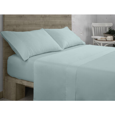 Juego de sábanas de algodón orgánico color hielo. Acabado en vainica. Cama de 200 cm. 4 piezas
