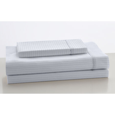 Juego de sábanas satén efecto listado color blanco - Cama de 135/140 (3 piezas) - 100% algodón - 300 hilos. Gramage: 118