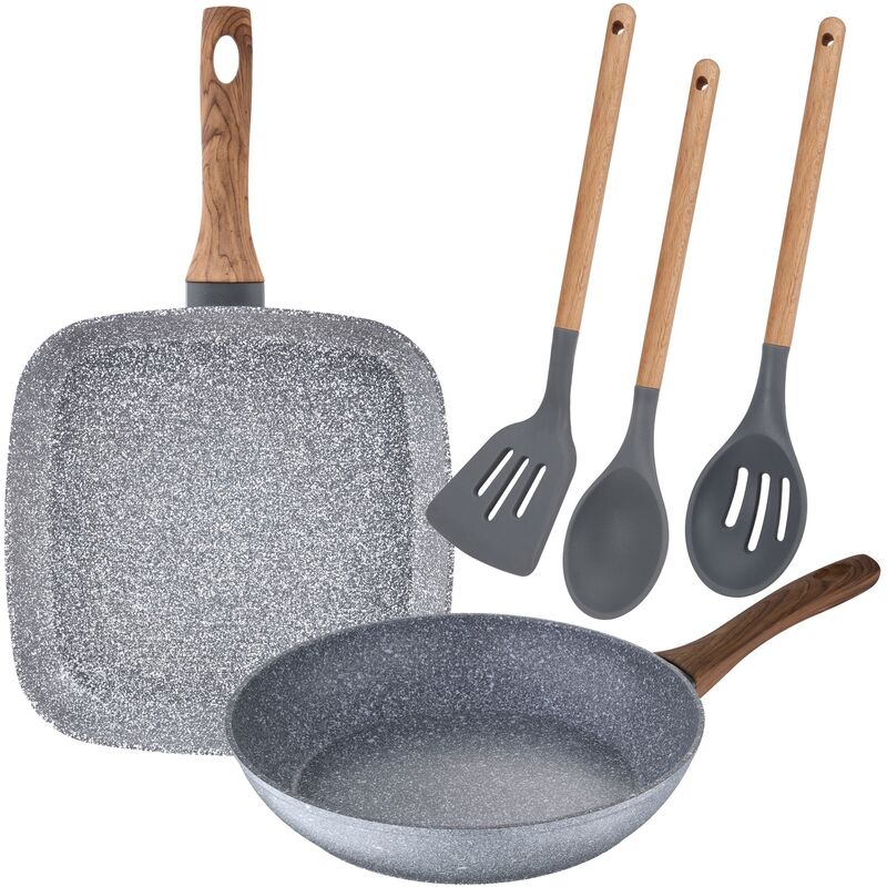

San Ignacio - Juego de sarten con asador grill de 26 cm y 28x28 cm en aluminio forjado y set de 3 utensilios de cocina