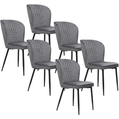 Juego de seis sillas de comedor tapizadas en gris y sillones de terciopelo con respaldo gris y patas de metal negro para el hogar, la habitación de invitados, el dormitorio y la oficina.