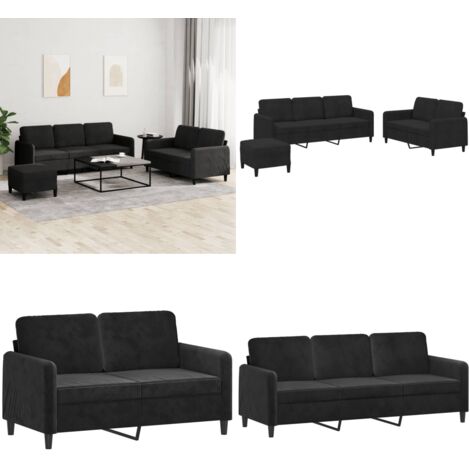 Juego de sofás 3 piezas terciopelo negro - Sofá de 2 plazas - Sofá terciopelo